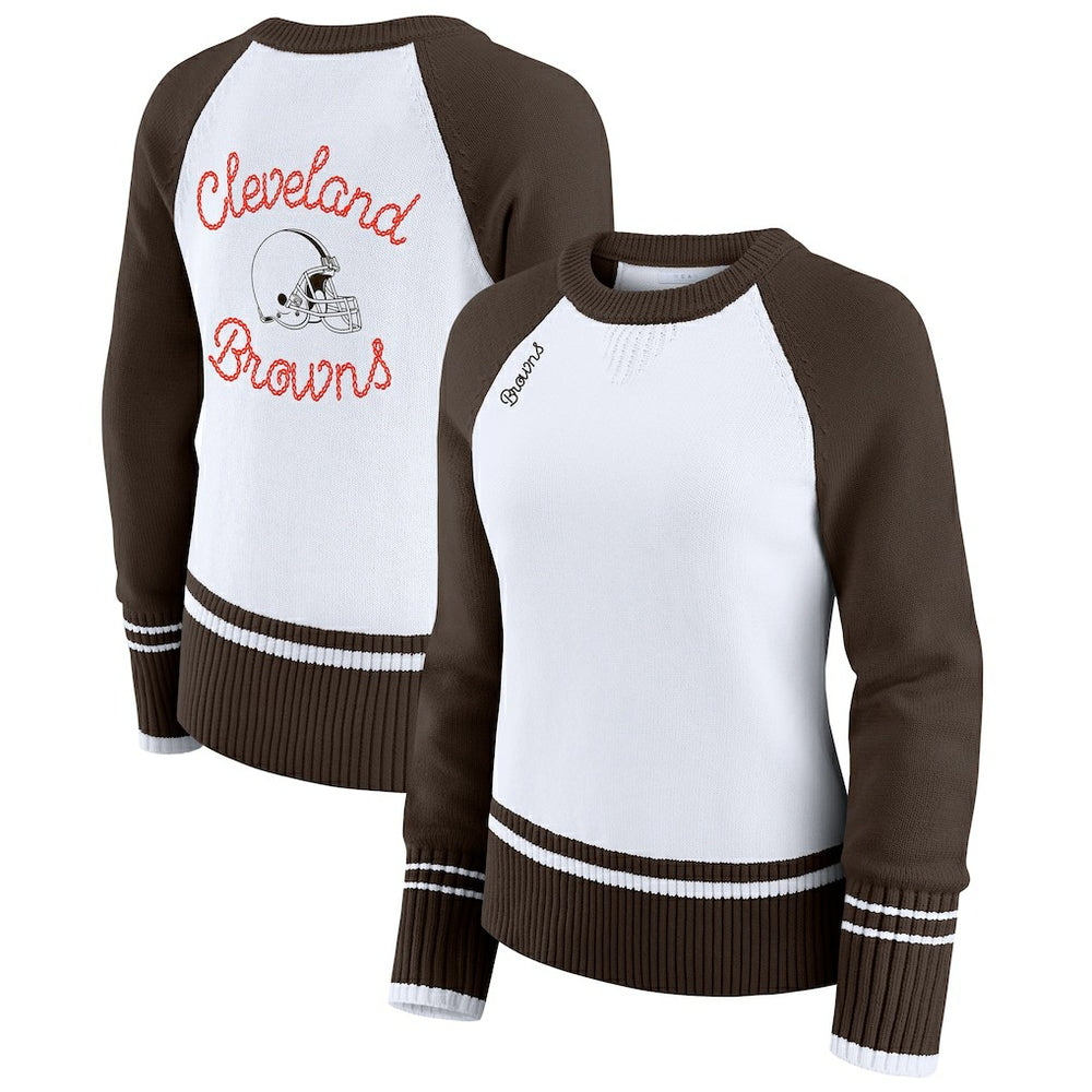 Cleveland Browns WEAR by Erin Andrews Women's Colorblock Raglan Sweater - White/Brown cheap