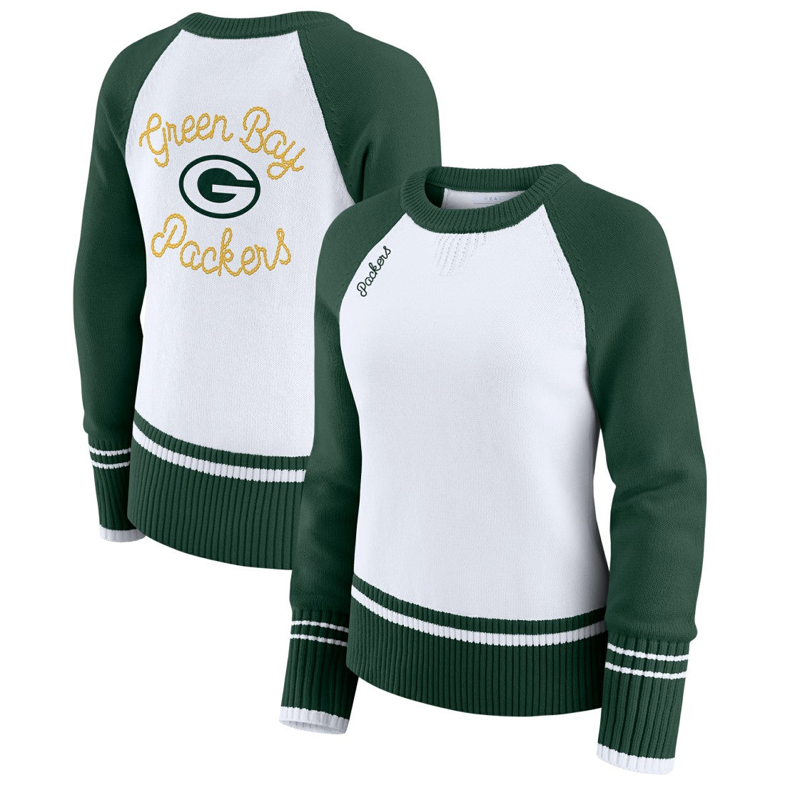 Green Bay Packers WEAR by Erin Andrews Women's Colorblock Raglan Sweater - White/Green on sale