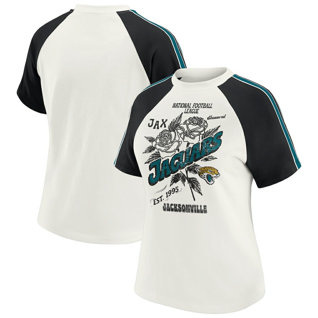 Jacksonville Jaguars WEAR by Erin Andrews Women's Sleeve Stripe Distressed Raglan T-Shirt - White discount