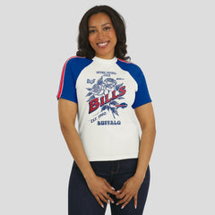 Buffalo Bills WEAR by Erin Andrews Women's Sleeve Stripe Distressed Raglan T-Shirt - White for sale