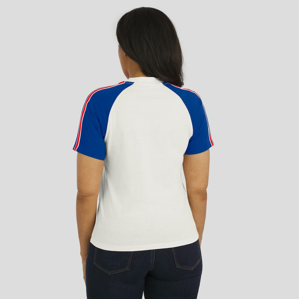 Buffalo Bills WEAR by Erin Andrews Women's Sleeve Stripe Distressed Raglan T-Shirt - White for sale