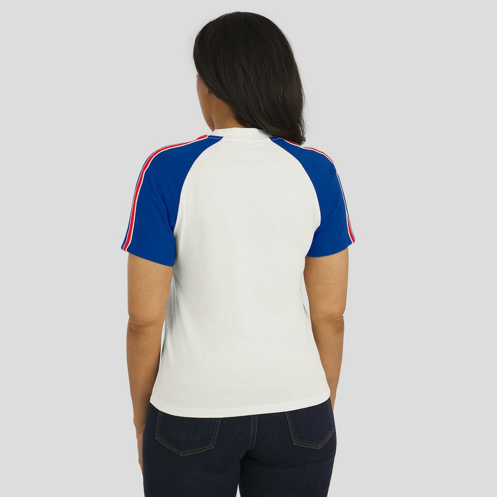 Buffalo Bills WEAR by Erin Andrews Women's Sleeve Stripe Distressed Raglan T-Shirt - White for sale