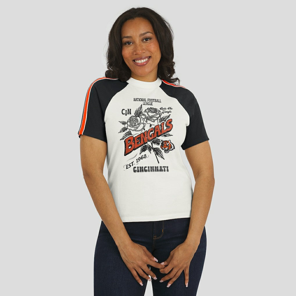 Cincinnati Bengals WEAR by Erin Andrews Women's Sleeve Stripe Distressed Raglan T-Shirt - White discount