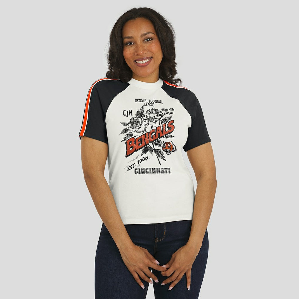 Cincinnati Bengals WEAR by Erin Andrews Women's Sleeve Stripe Distressed Raglan T-Shirt - White discount