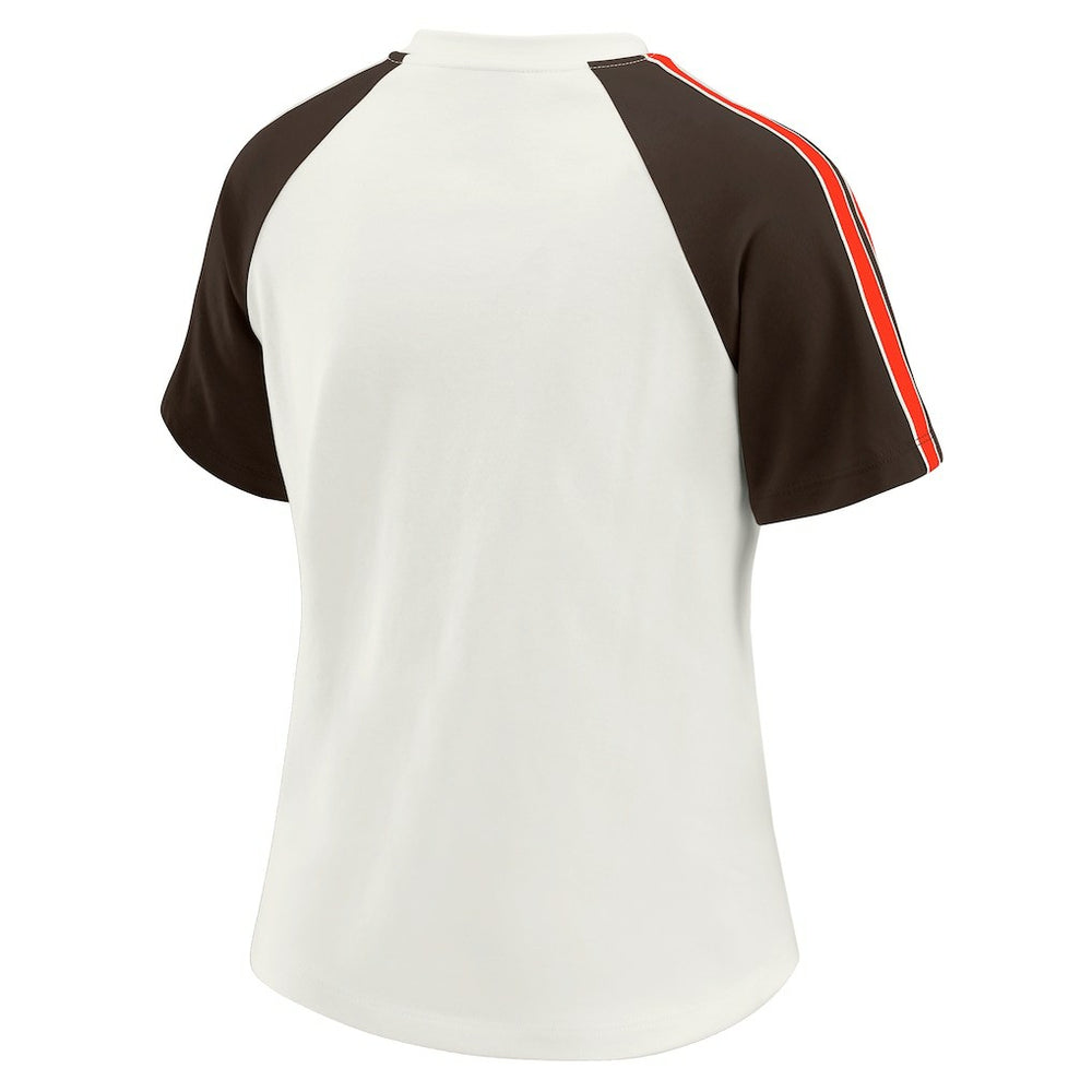 Cleveland Browns WEAR by Erin Andrews Women's Sleeve Stripe Distressed Raglan T-Shirt - White discount