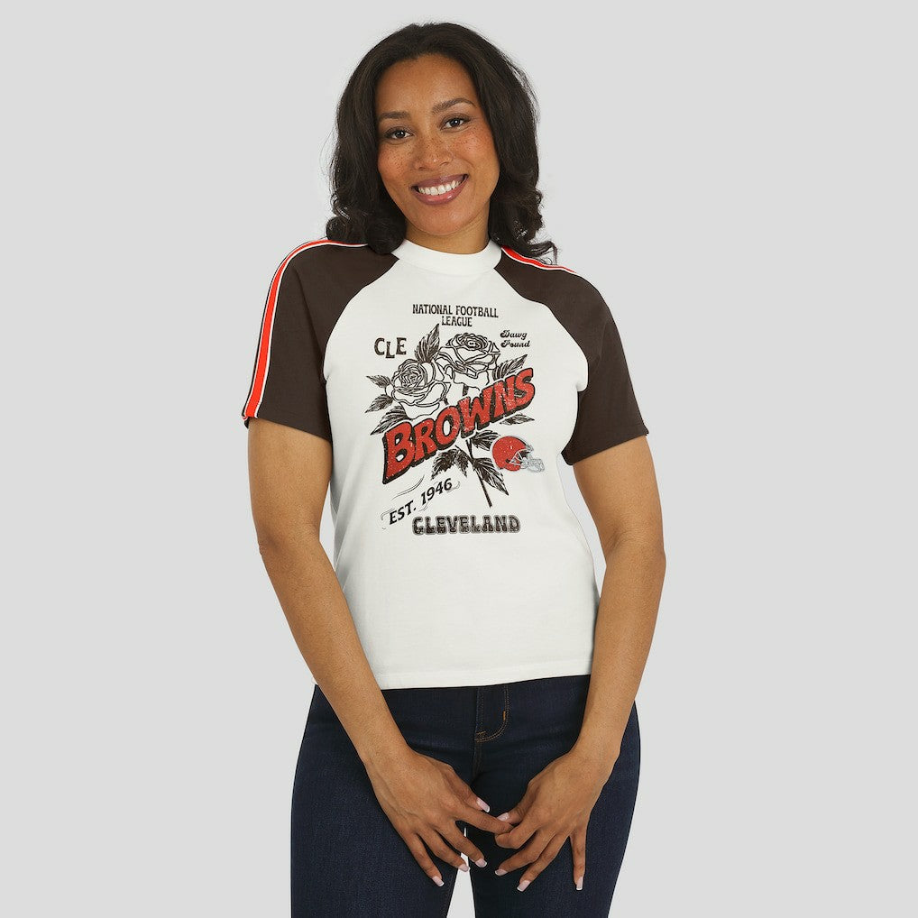 Cleveland Browns WEAR by Erin Andrews Women's Sleeve Stripe Distressed Raglan T-Shirt - White discount