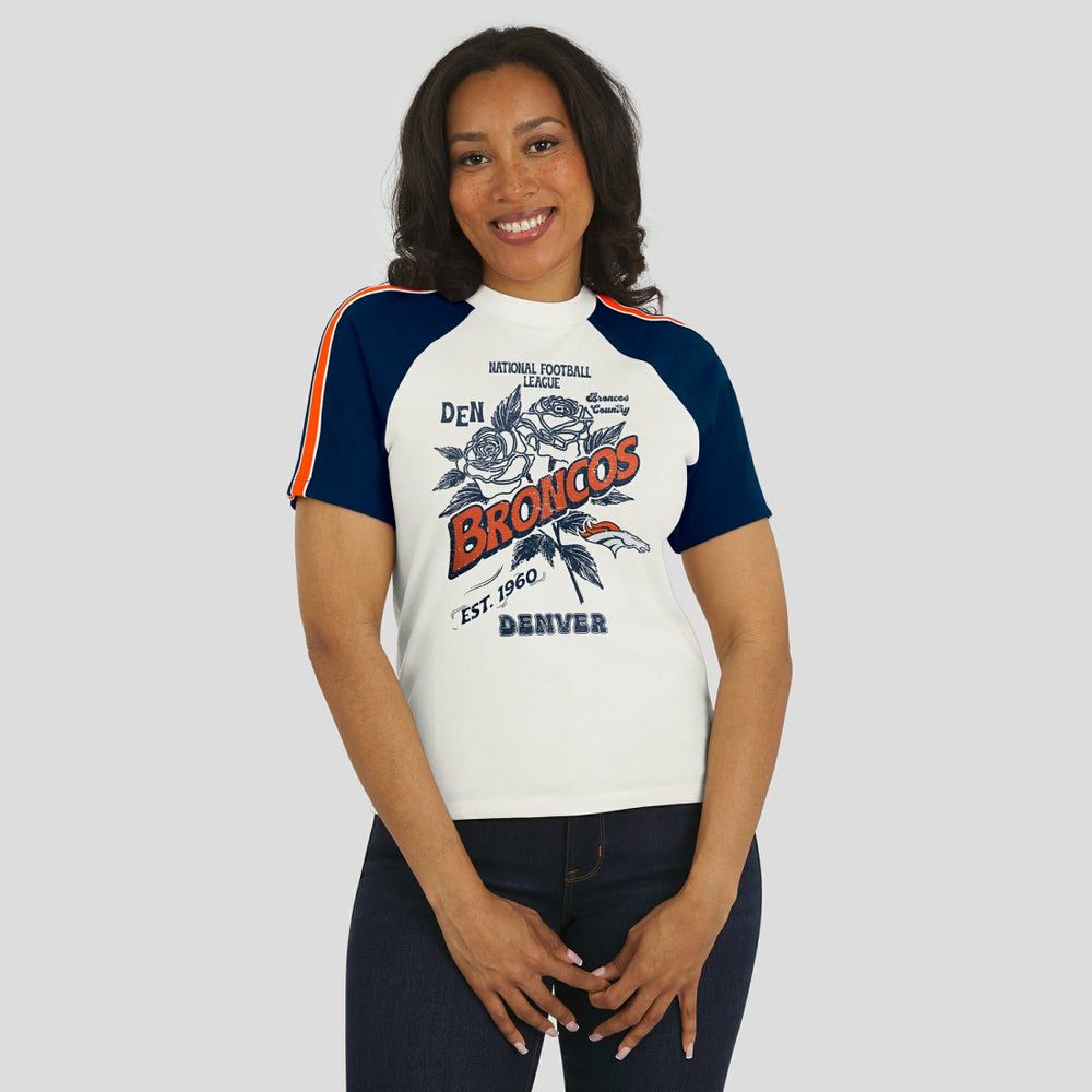 Denver Broncos WEAR by Erin Andrews Women's Sleeve Stripe Distressed Raglan T-Shirt - White discount