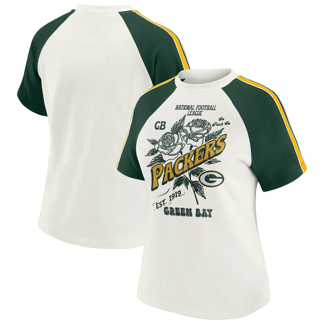 Green Bay Packers WEAR by Erin Andrews Women's Sleeve Stripe Distressed Raglan T-Shirt - White sale