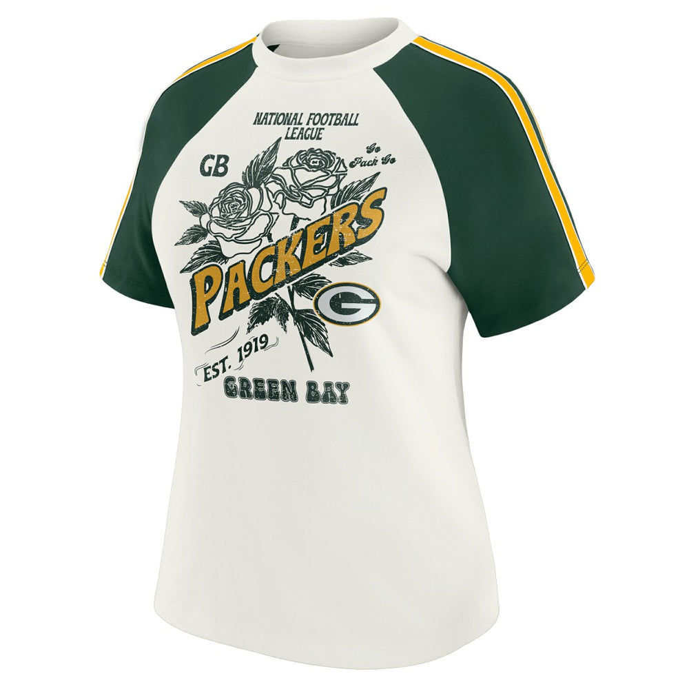 Green Bay Packers WEAR by Erin Andrews Women's Sleeve Stripe Distressed Raglan T-Shirt - White sale