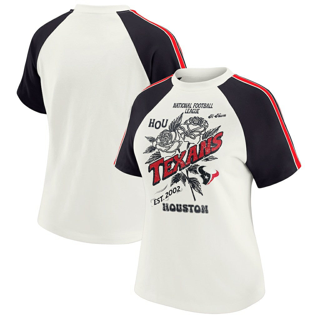 Houston Texans WEAR by Erin Andrews Women's Sleeve Stripe Distressed Raglan T-Shirt - White for sale