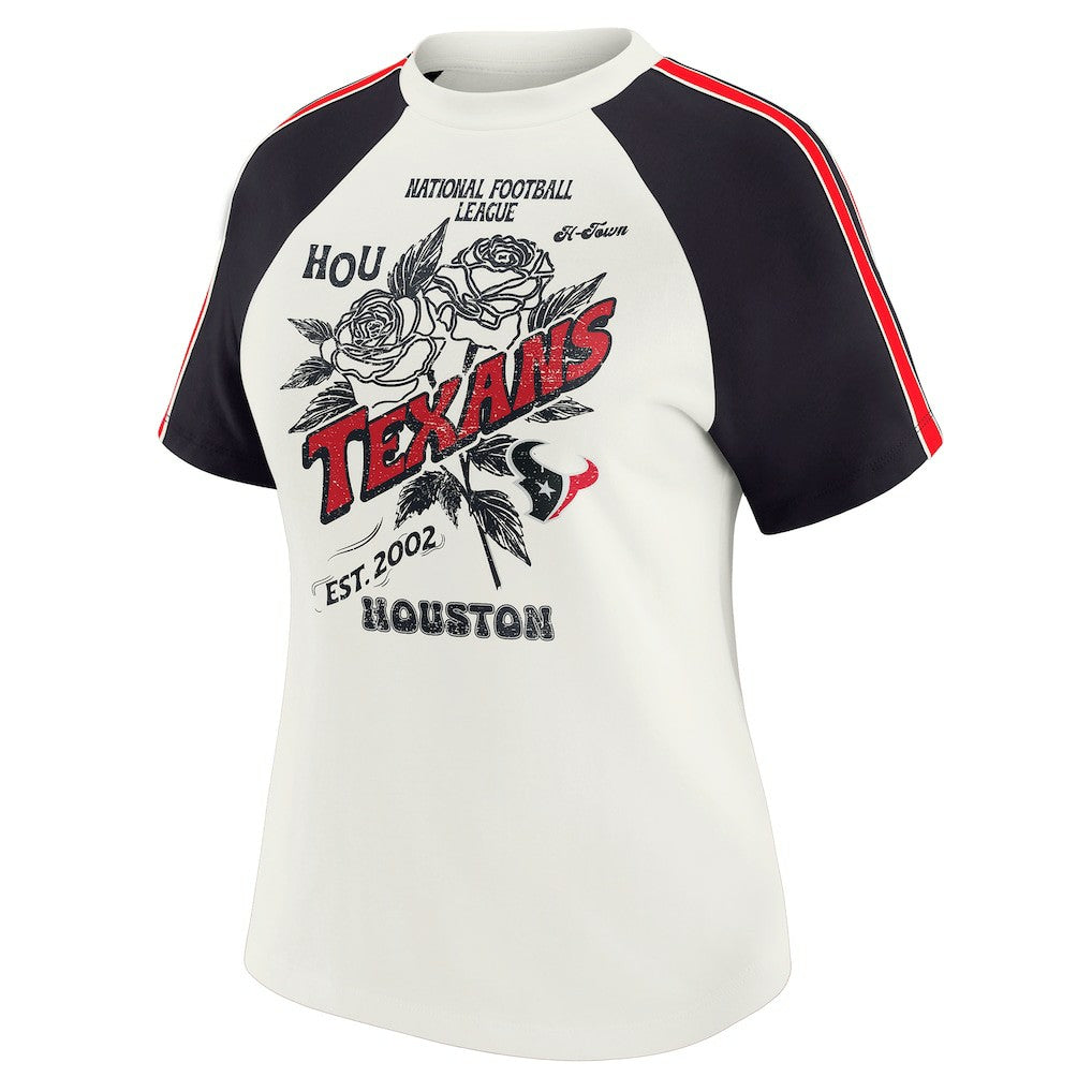 Houston Texans WEAR by Erin Andrews Women's Sleeve Stripe Distressed Raglan T-Shirt - White for sale