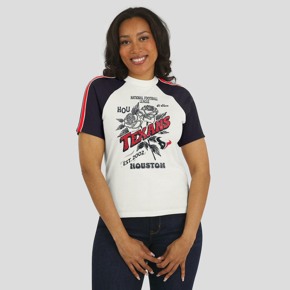 Houston Texans WEAR by Erin Andrews Women's Sleeve Stripe Distressed Raglan T-Shirt - White for sale