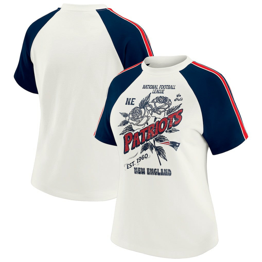 New England Patriots WEAR by Erin Andrews Women's Sleeve Stripe Distressed Raglan T-Shirt - White sale
