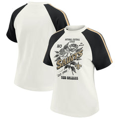 New Orleans Saints WEAR by Erin Andrews Women's Sleeve Stripe Distressed Raglan T-Shirt - White cheap