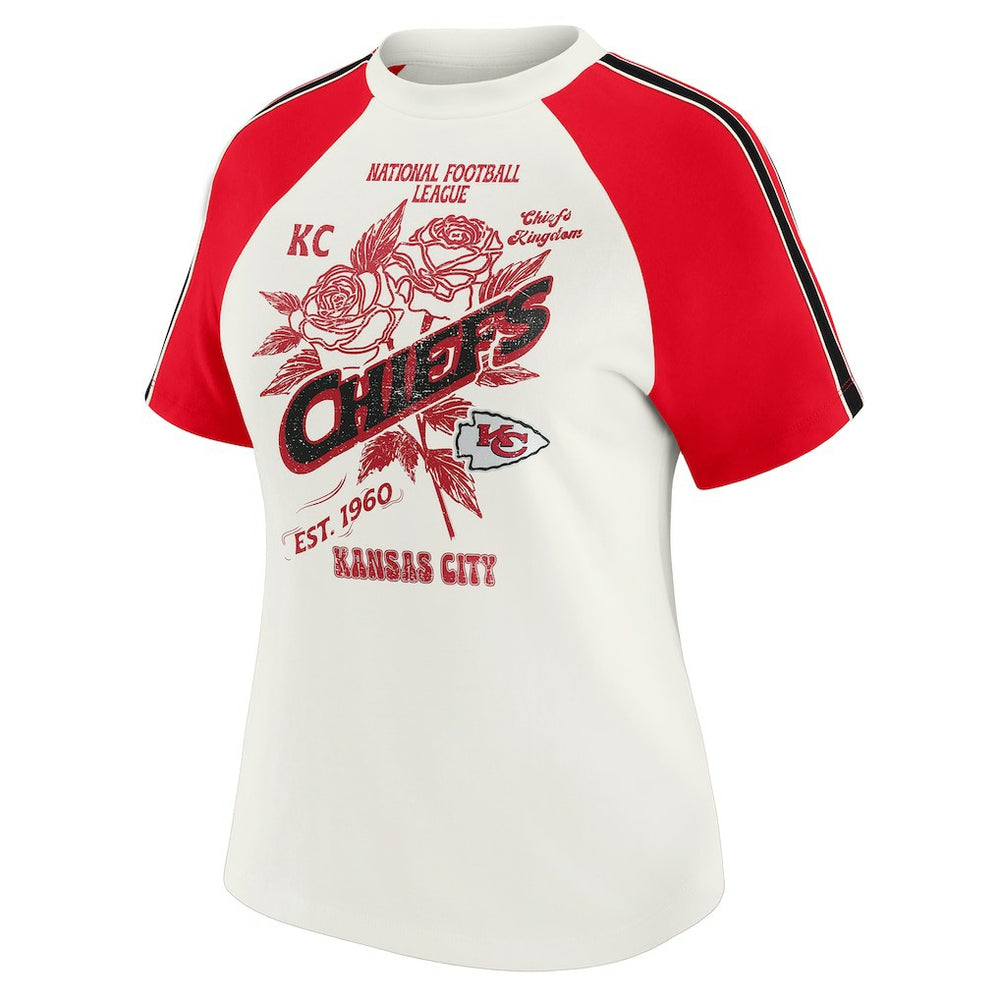 Kansas City Chiefs WEAR by Erin Andrews Women's Sleeve Stripe Distressed Raglan T-Shirt - White discount