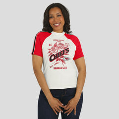 Kansas City Chiefs WEAR by Erin Andrews Women's Sleeve Stripe Distressed Raglan T-Shirt - White discount