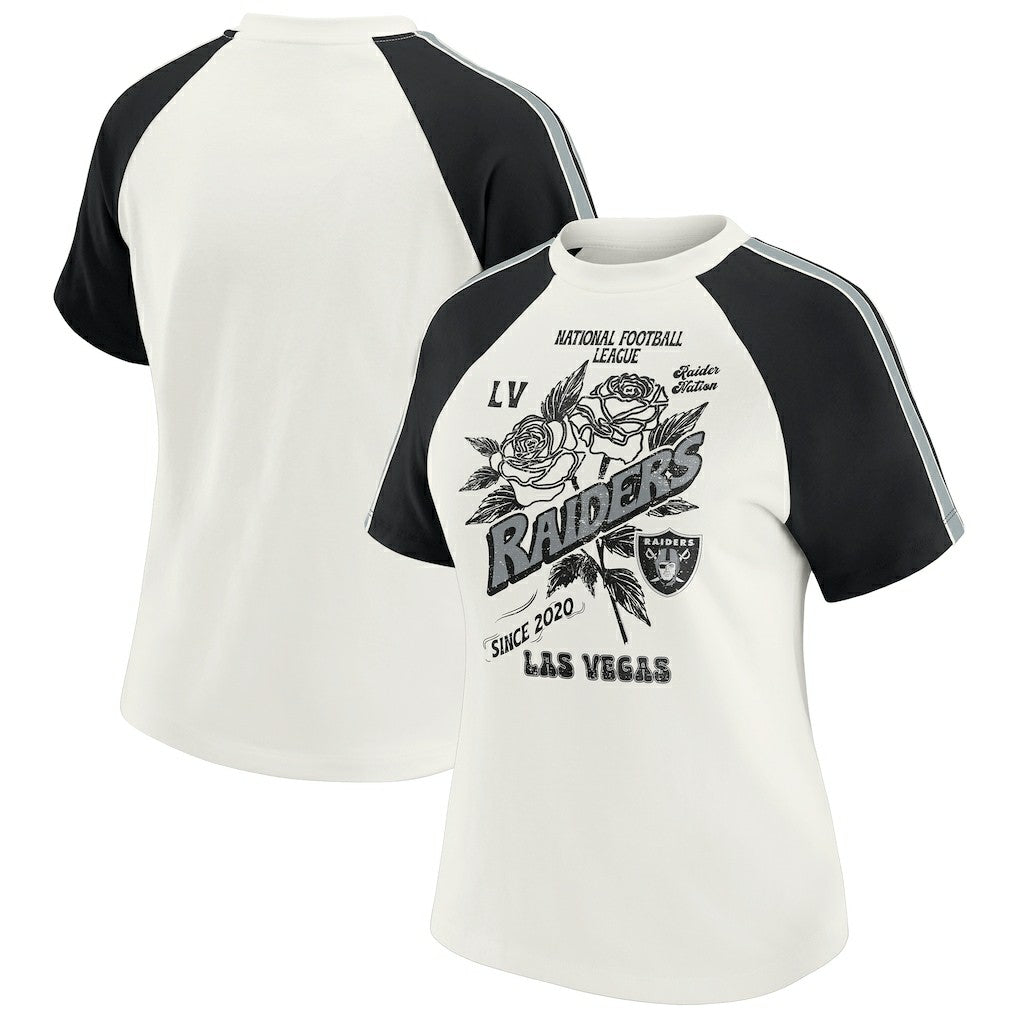 Las Vegas Raiders WEAR by Erin Andrews Women's Sleeve Stripe Distressed Raglan T-Shirt - White discount