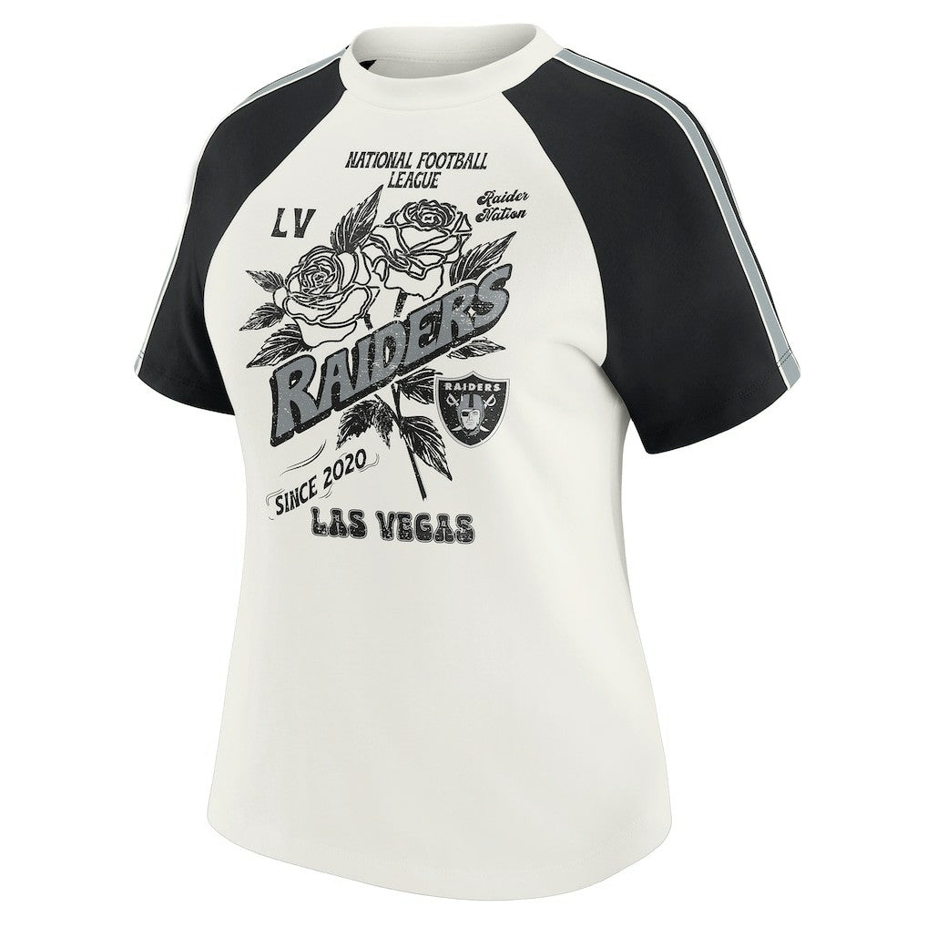 Las Vegas Raiders WEAR by Erin Andrews Women's Sleeve Stripe Distressed Raglan T-Shirt - White discount