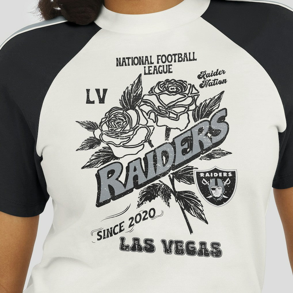 Las Vegas Raiders WEAR by Erin Andrews Women's Sleeve Stripe Distressed Raglan T-Shirt - White discount