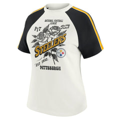 Pittsburgh Steelers WEAR by Erin Andrews Women's Sleeve Stripe Distressed Raglan T-Shirt - White for sale
