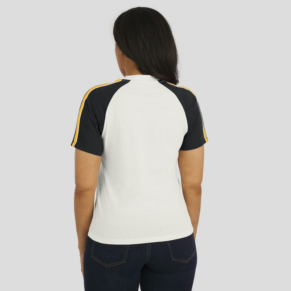 Pittsburgh Steelers WEAR by Erin Andrews Women's Sleeve Stripe Distressed Raglan T-Shirt - White for sale