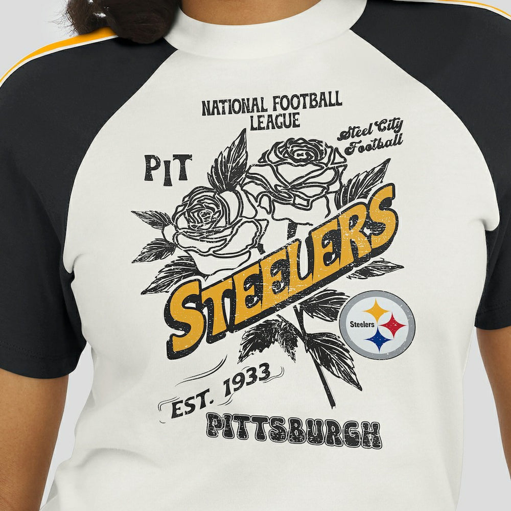 Pittsburgh Steelers WEAR by Erin Andrews Women's Sleeve Stripe Distressed Raglan T-Shirt - White for sale