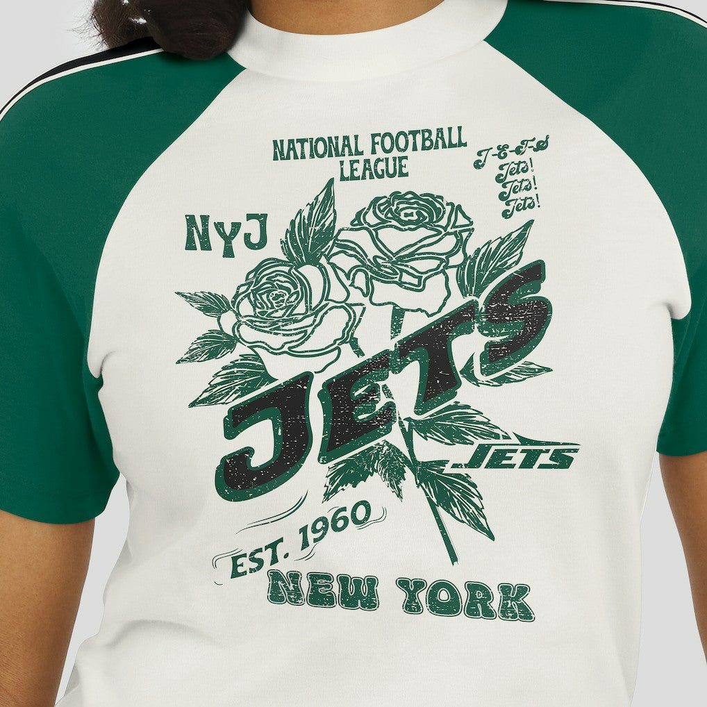 New York Jets WEAR by Erin Andrews Women's Sleeve Stripe Distressed Raglan T-Shirt - White for sale