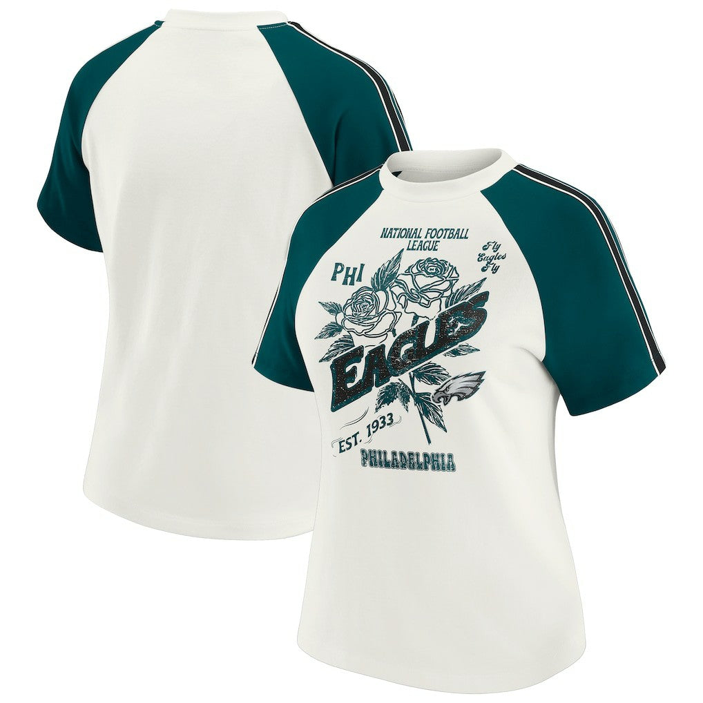 Philadelphia Eagles WEAR by Erin Andrews Women's Sleeve Stripe Distressed Raglan T-Shirt - White outlet