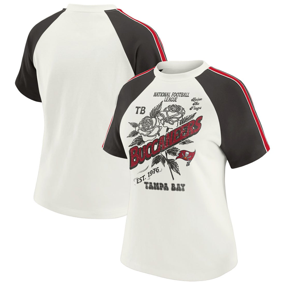Tampa Bay Buccaneers WEAR by Erin Andrews Women's Sleeve Stripe Distressed Raglan T-Shirt - White discount