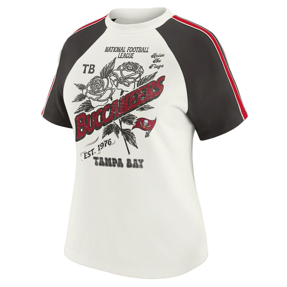 Tampa Bay Buccaneers WEAR by Erin Andrews Women's Sleeve Stripe Distressed Raglan T-Shirt - White discount