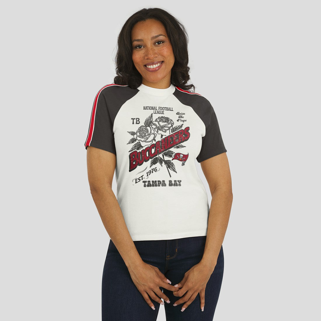 Tampa Bay Buccaneers WEAR by Erin Andrews Women's Sleeve Stripe Distressed Raglan T-Shirt - White discount