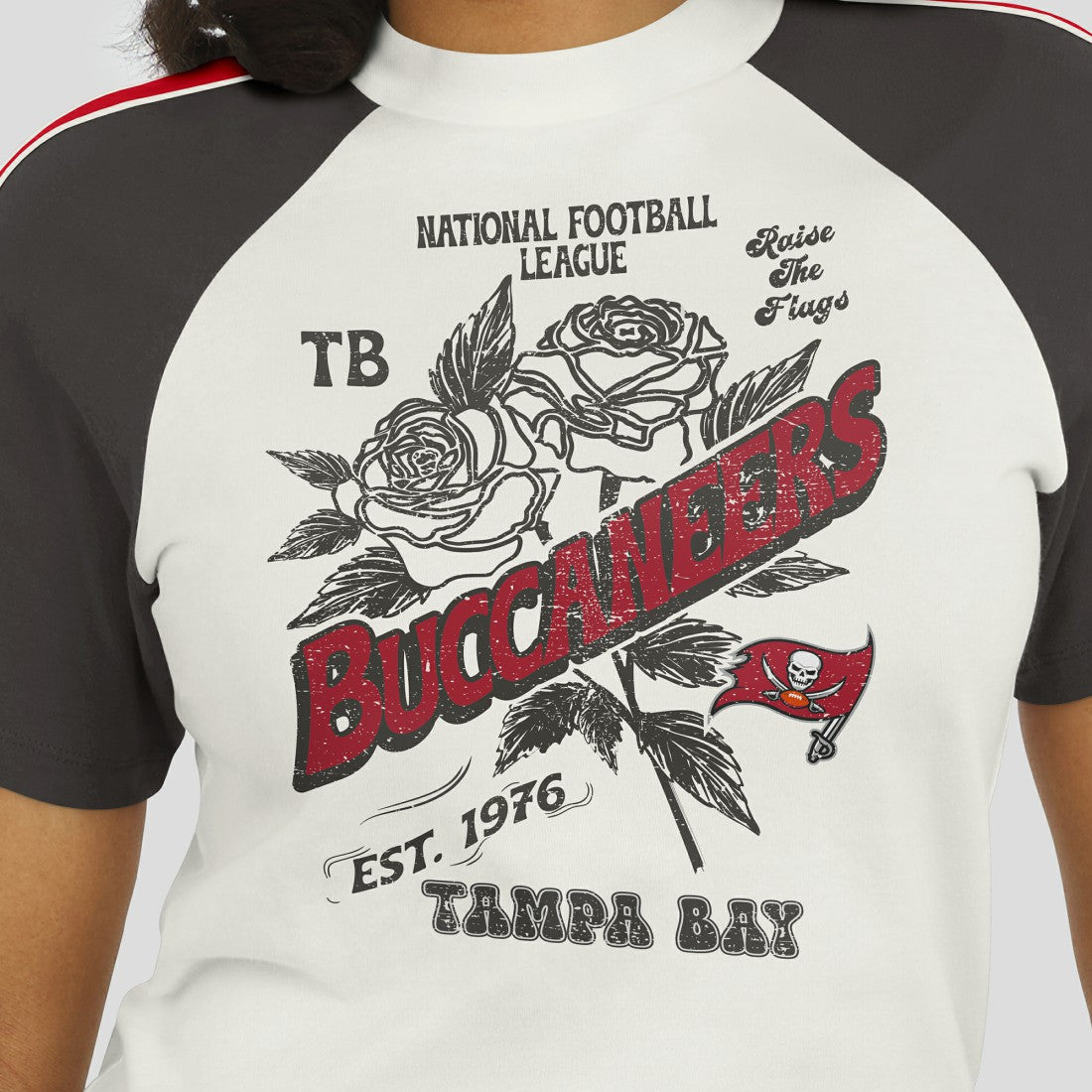 Tampa Bay Buccaneers WEAR by Erin Andrews Women's Sleeve Stripe Distressed Raglan T-Shirt - White discount