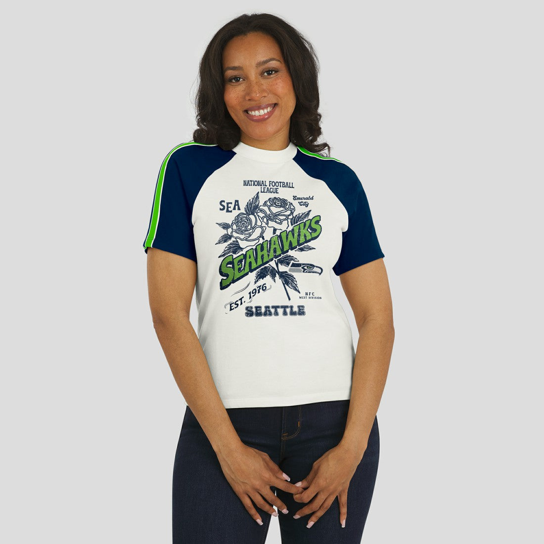 Seattle Seahawks WEAR by Erin Andrews Women's Sleeve Stripe Distressed Raglan T-Shirt - White on sale