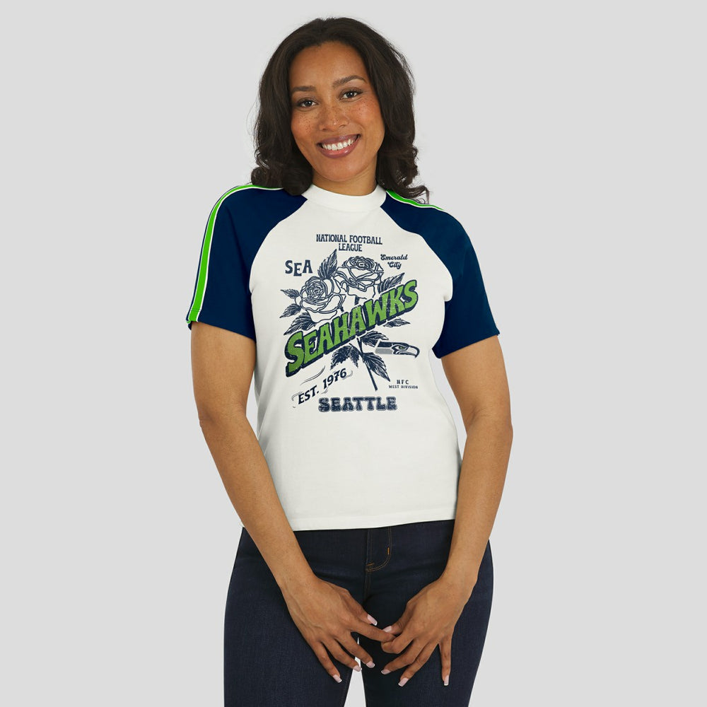 Seattle Seahawks WEAR by Erin Andrews Women's Sleeve Stripe Distressed Raglan T-Shirt - White on sale
