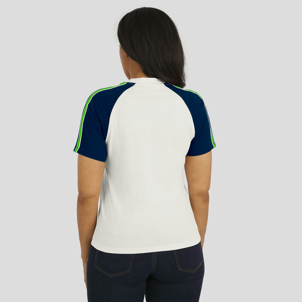 Seattle Seahawks WEAR by Erin Andrews Women's Sleeve Stripe Distressed Raglan T-Shirt - White on sale