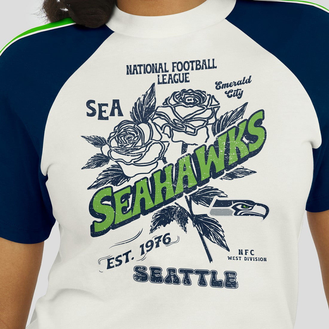 Seattle Seahawks WEAR by Erin Andrews Women's Sleeve Stripe Distressed Raglan T-Shirt - White on sale