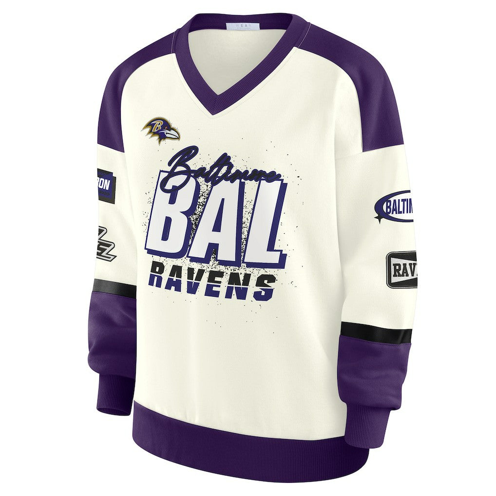 Baltimore Ravens WEAR by Erin Andrews Women's Racing Crew V-Neck Sweatshirt - Cream cheap