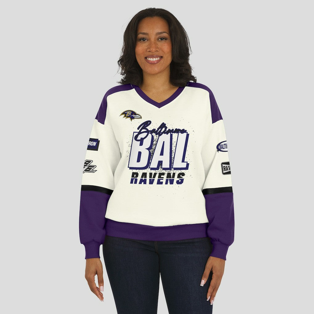 Baltimore Ravens WEAR by Erin Andrews Women's Racing Crew V-Neck Sweatshirt - Cream cheap