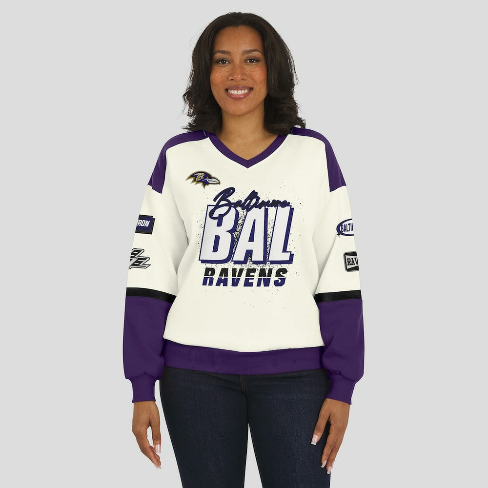 Baltimore Ravens WEAR by Erin Andrews Women's Racing Crew V-Neck Sweatshirt - Cream cheap