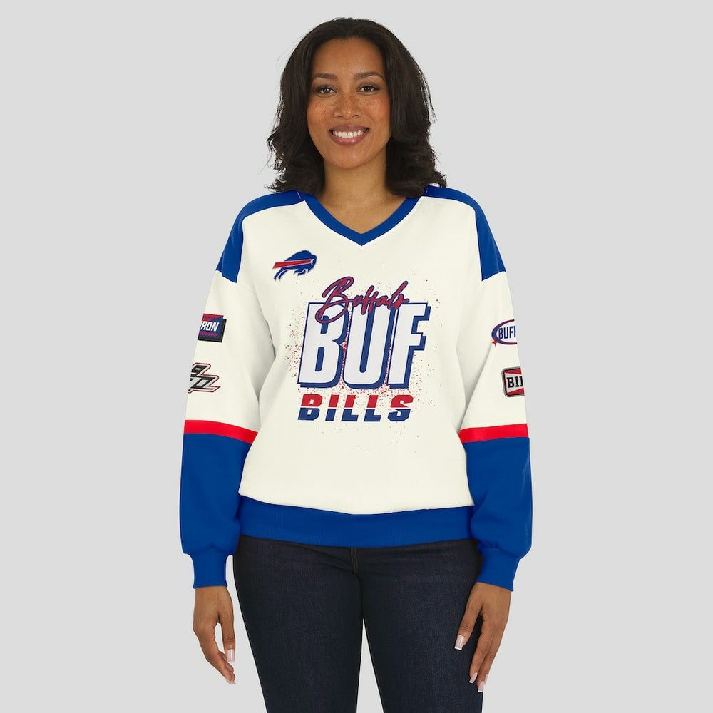 Buffalo Bills WEAR by Erin Andrews Women's Racing Crew V-Neck Sweatshirt - Cream sale