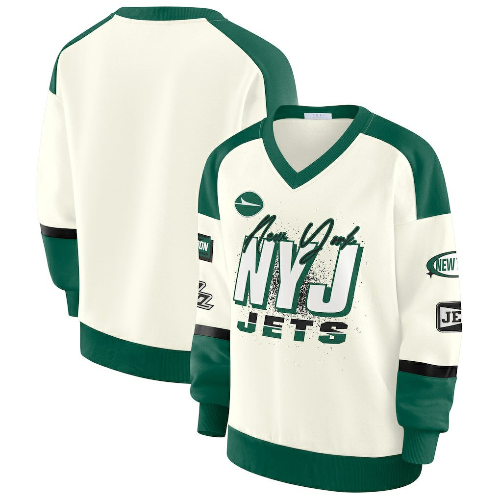 New York Jets WEAR by Erin Andrews Women's Racing Crew V-Neck Sweatshirt - Cream cheap