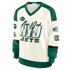 New York Jets WEAR by Erin Andrews Women's Racing Crew V-Neck Sweatshirt - Cream cheap