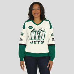 New York Jets WEAR by Erin Andrews Women's Racing Crew V-Neck Sweatshirt - Cream cheap