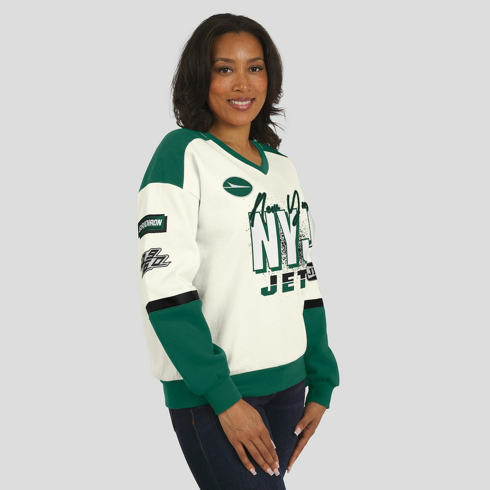 New York Jets WEAR by Erin Andrews Women's Racing Crew V-Neck Sweatshirt - Cream cheap