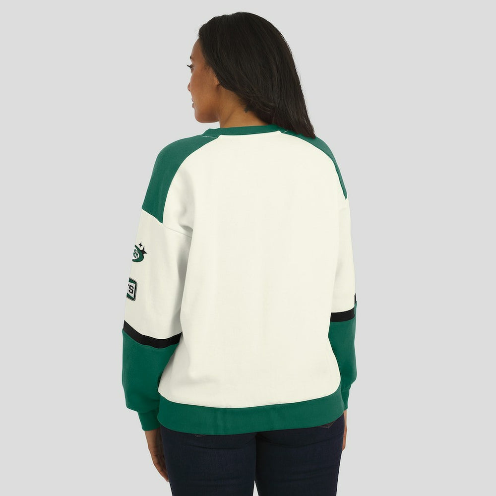 New York Jets WEAR by Erin Andrews Women's Racing Crew V-Neck Sweatshirt - Cream cheap