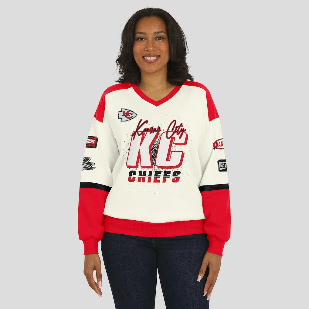 Kansas City Chiefs WEAR by Erin Andrews Women's Racing Crew V-Neck Sweatshirt - Cream sale