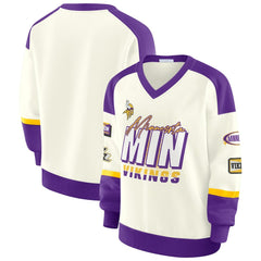 Minnesota Vikings WEAR by Erin Andrews Women's Racing Crew V-Neck Sweatshirt - Cream sale