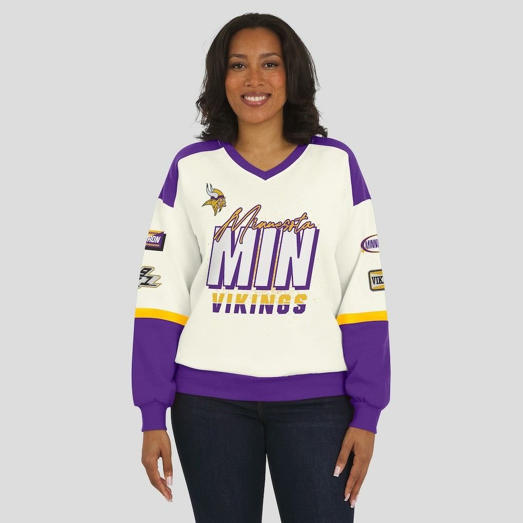 Minnesota Vikings WEAR by Erin Andrews Women's Racing Crew V-Neck Sweatshirt - Cream sale