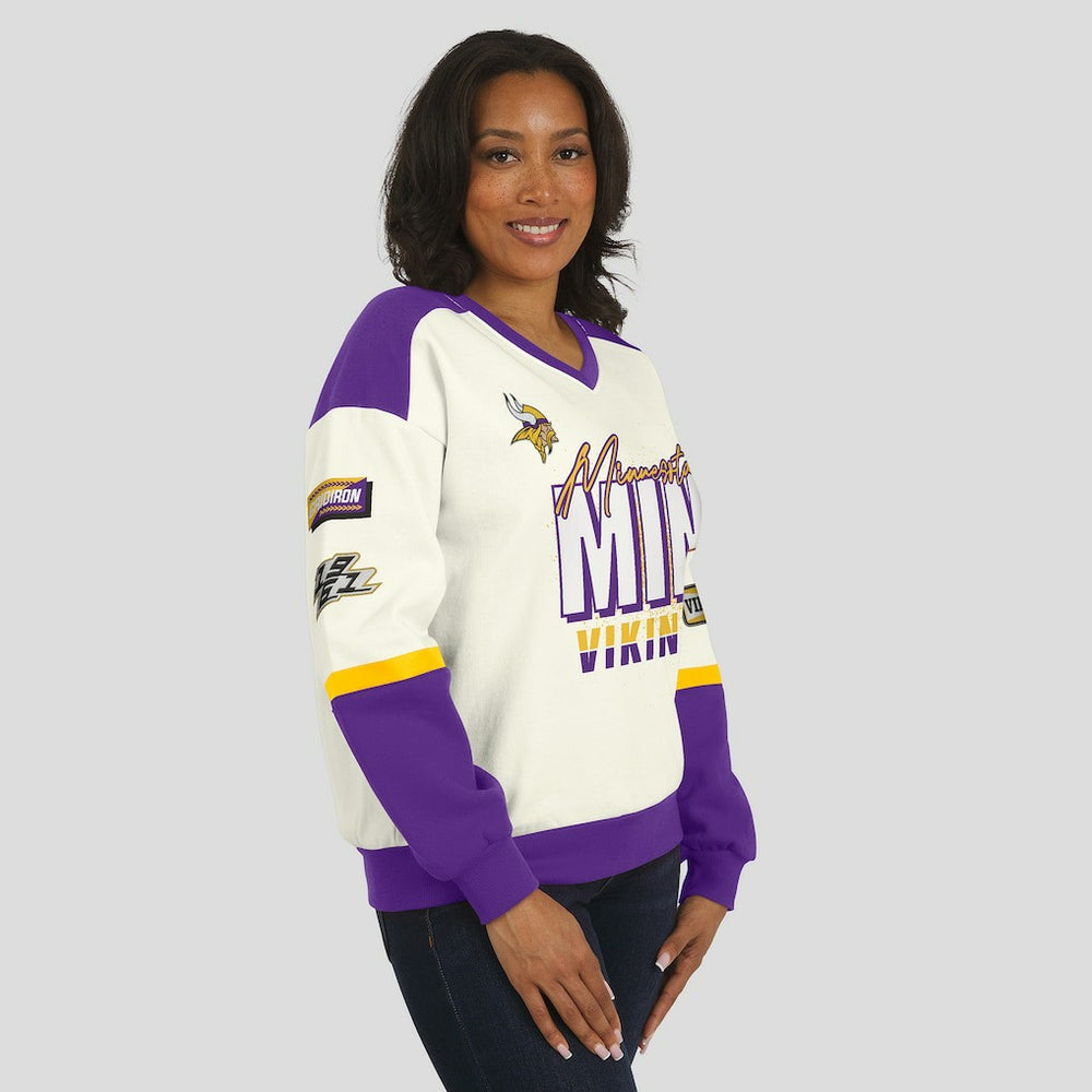 Minnesota Vikings WEAR by Erin Andrews Women's Racing Crew V-Neck Sweatshirt - Cream sale