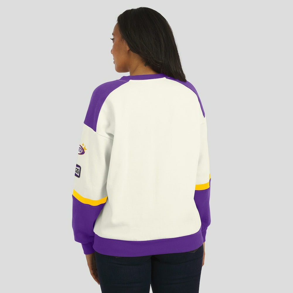 Minnesota Vikings WEAR by Erin Andrews Women's Racing Crew V-Neck Sweatshirt - Cream sale